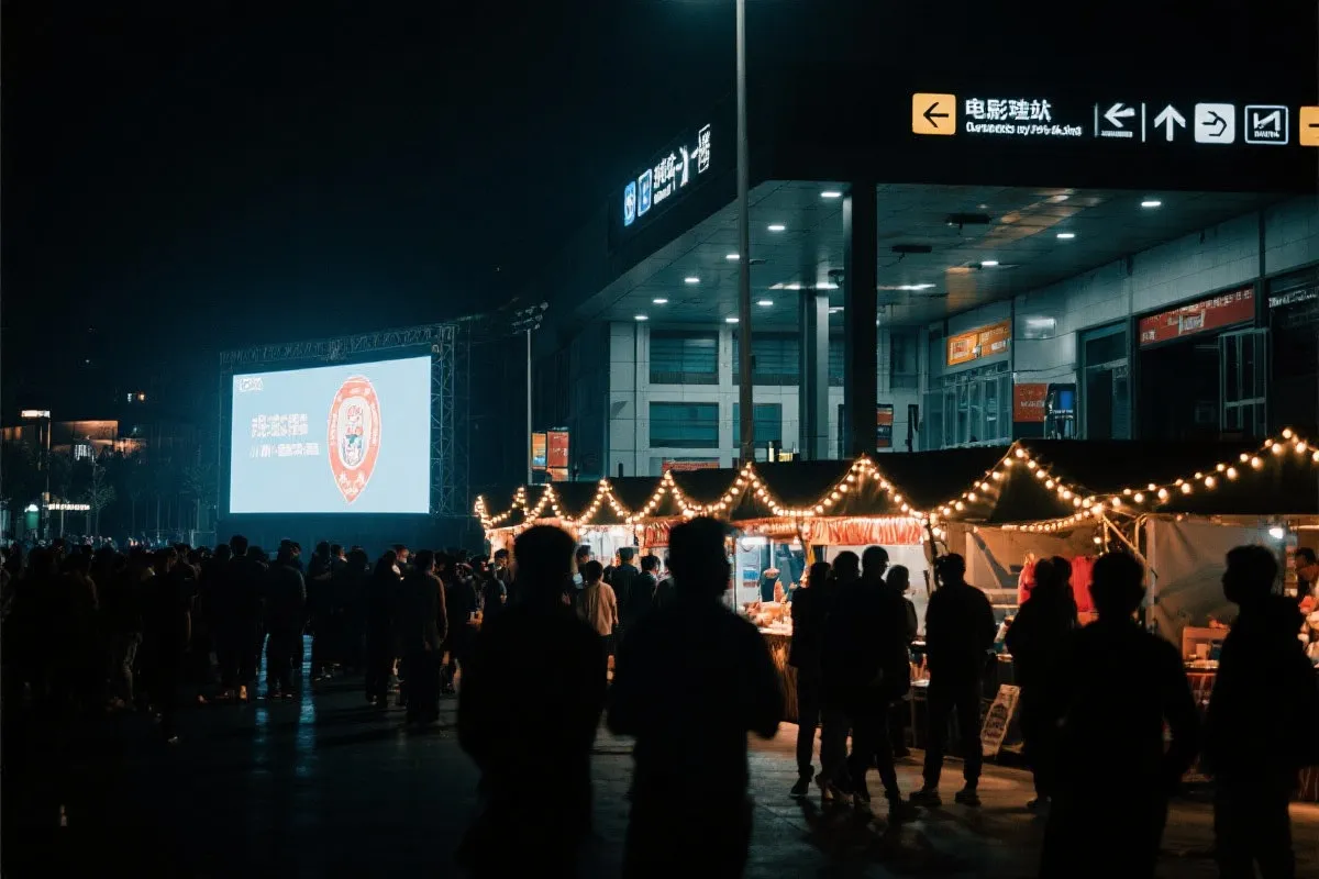 费城球迷广场夜景：大屏观赛人群、步行指示牌与公共交通入口